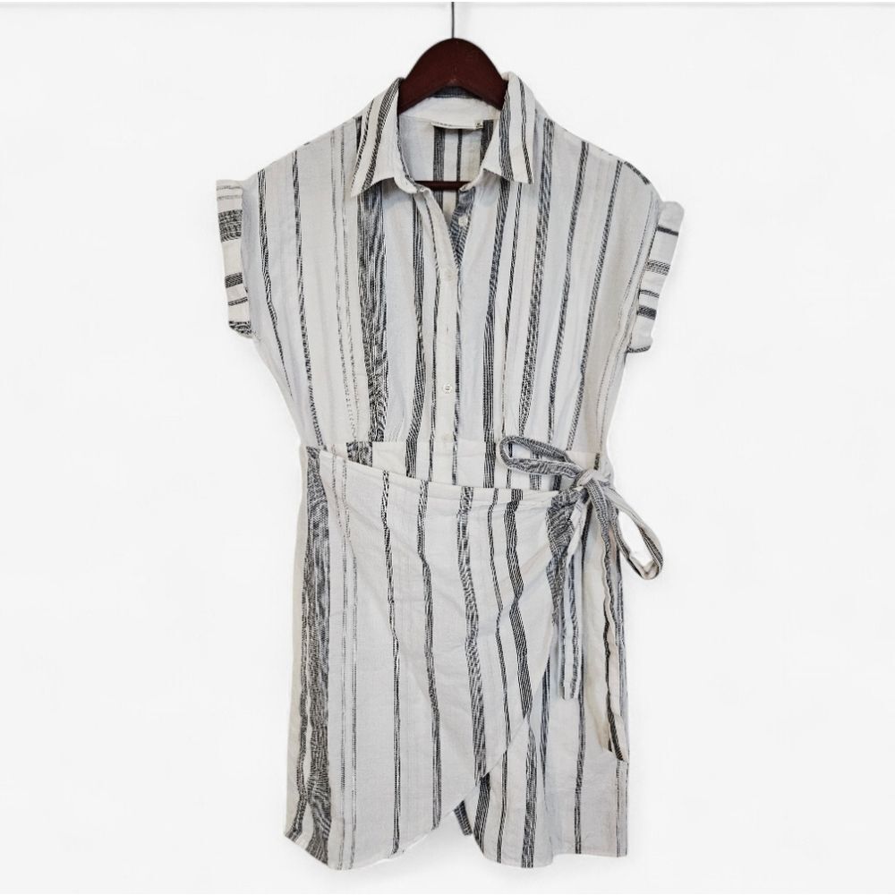 The Room Linen Look Striped Short Sleeve Sarong Side Tie Wrap Romper Playsuit M